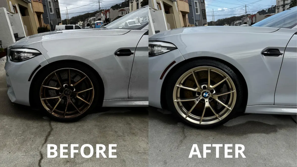Mobile exterior car detailing service in San Pablo, CA showing before and after shine improvement