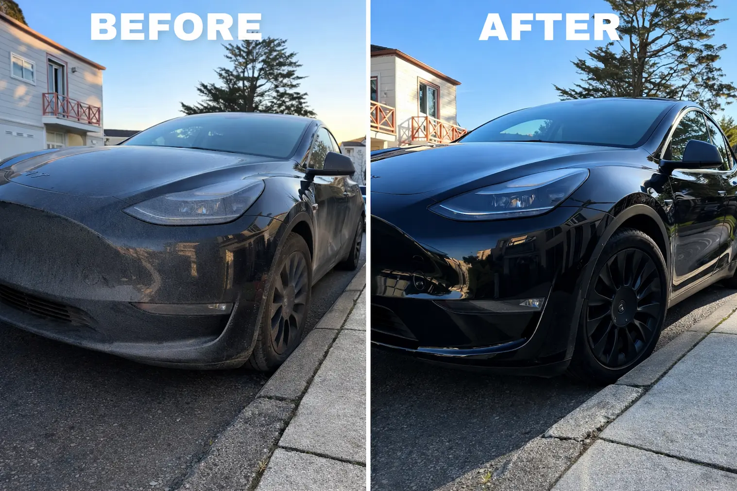Before and after exterior car detailing in Berkeley, CA showing a professionally cleaned vehicle